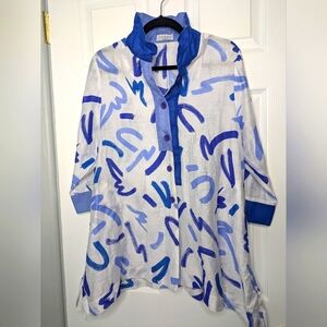 Terra Blue and White Abstract Button-Up Blouse Linen Blend Size Medium